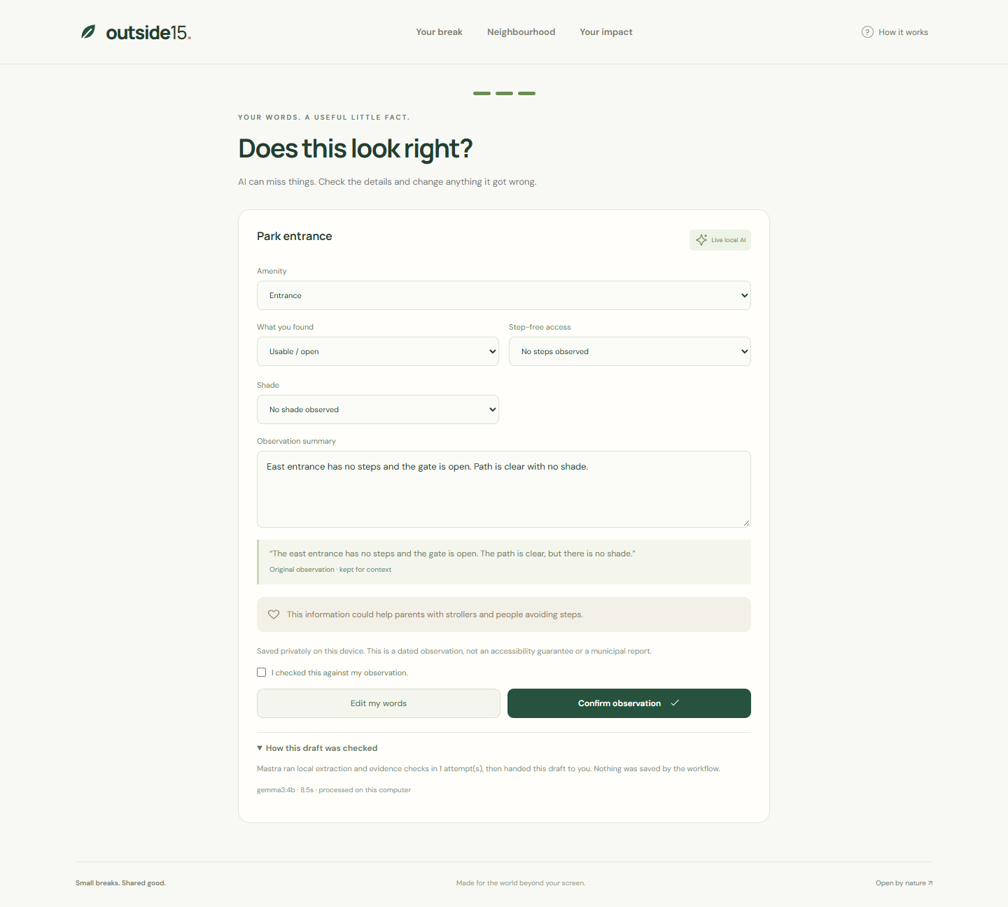 Editable AI-extracted fields for entrance, steps, shade and reported condition