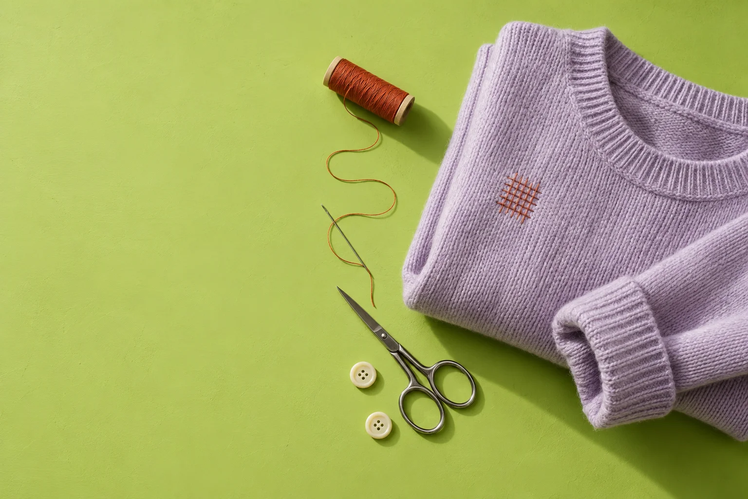 A lilac sweater with a visible orange repair, sewing scissors, thread and buttons on a green workbench